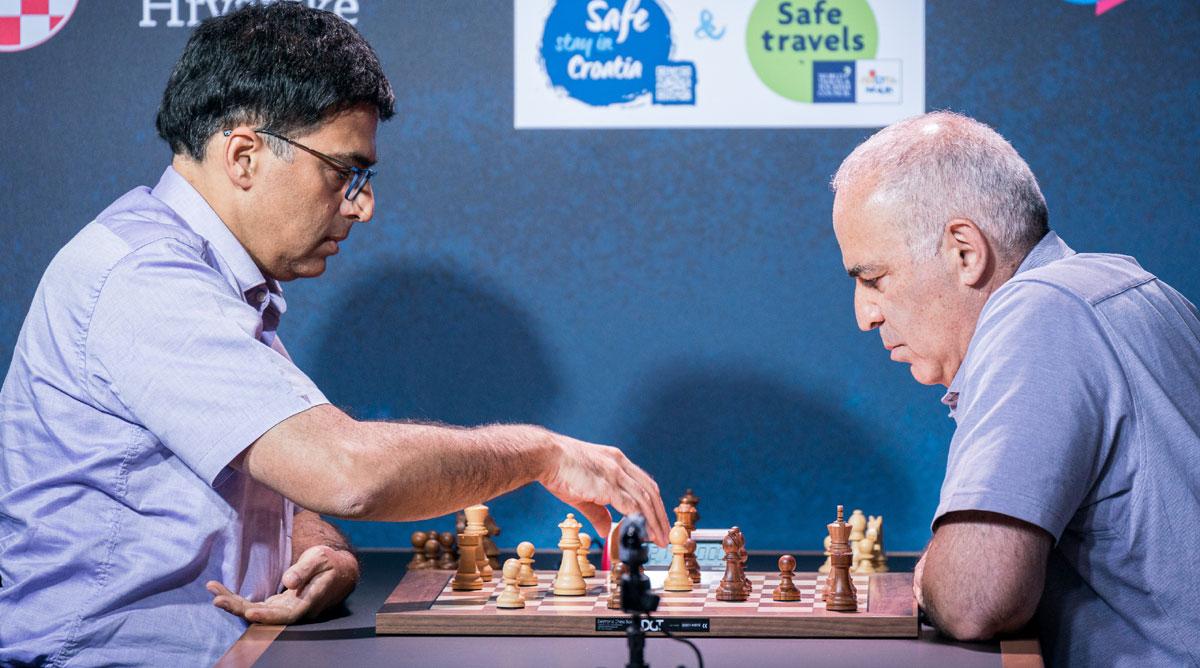 Viswanthan Anand in action during his fourth round match against Garry Kasparov at the Croatia Grand Chess Tour in Zagreb on July 10, 2021