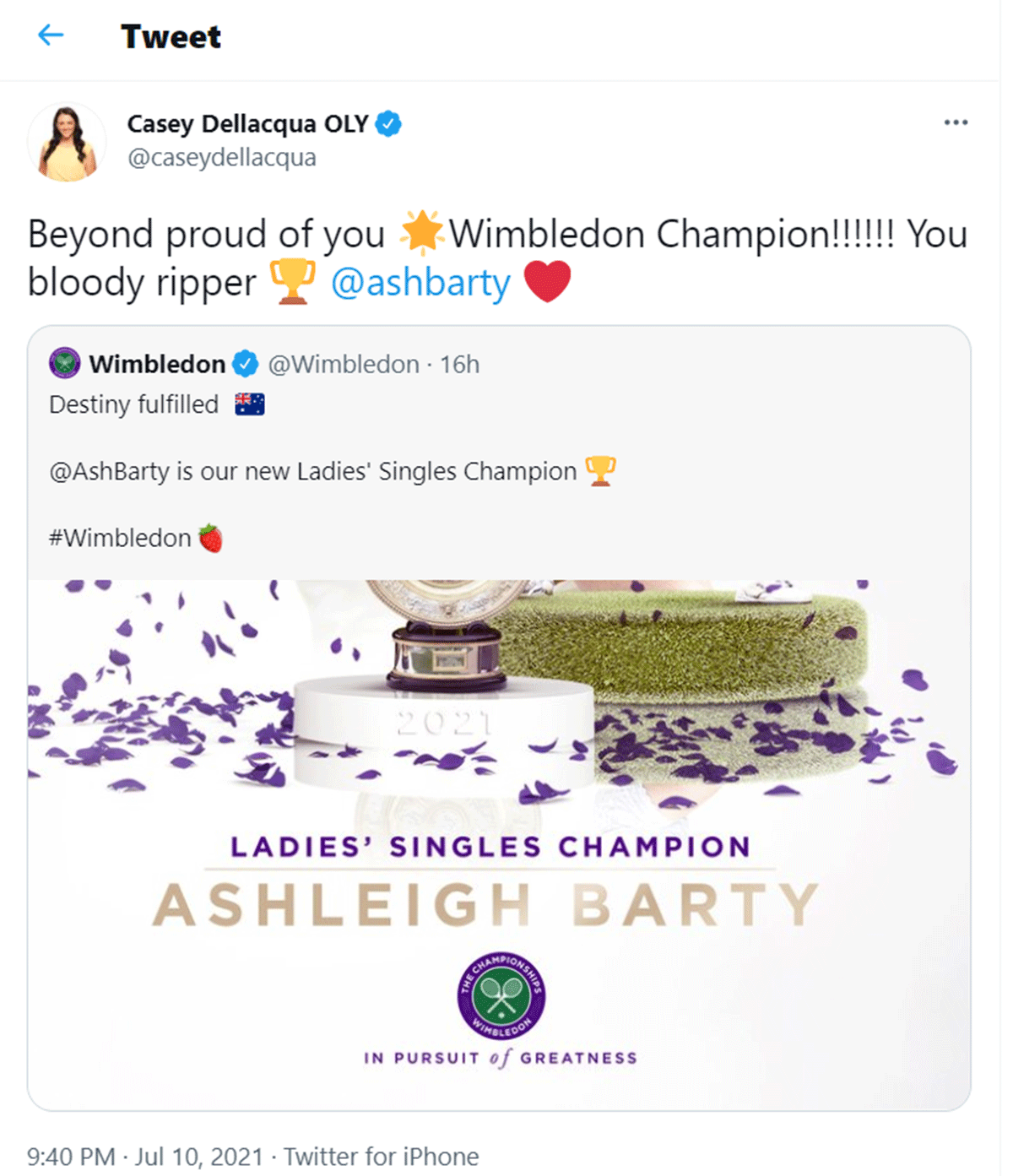 Casey Dellacqua's tweet celebrating Ashleigh Barty's win