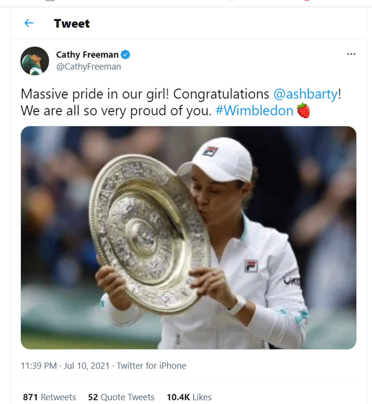 Cathy Freeman's tweet for Ash Barty