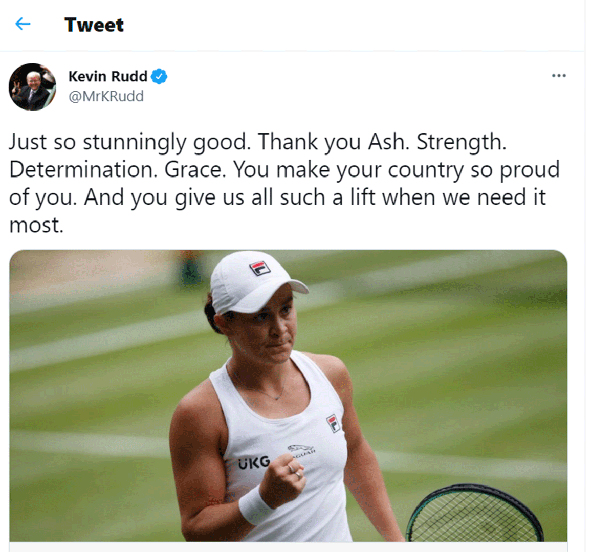 Rudd congratulates Ash Barty