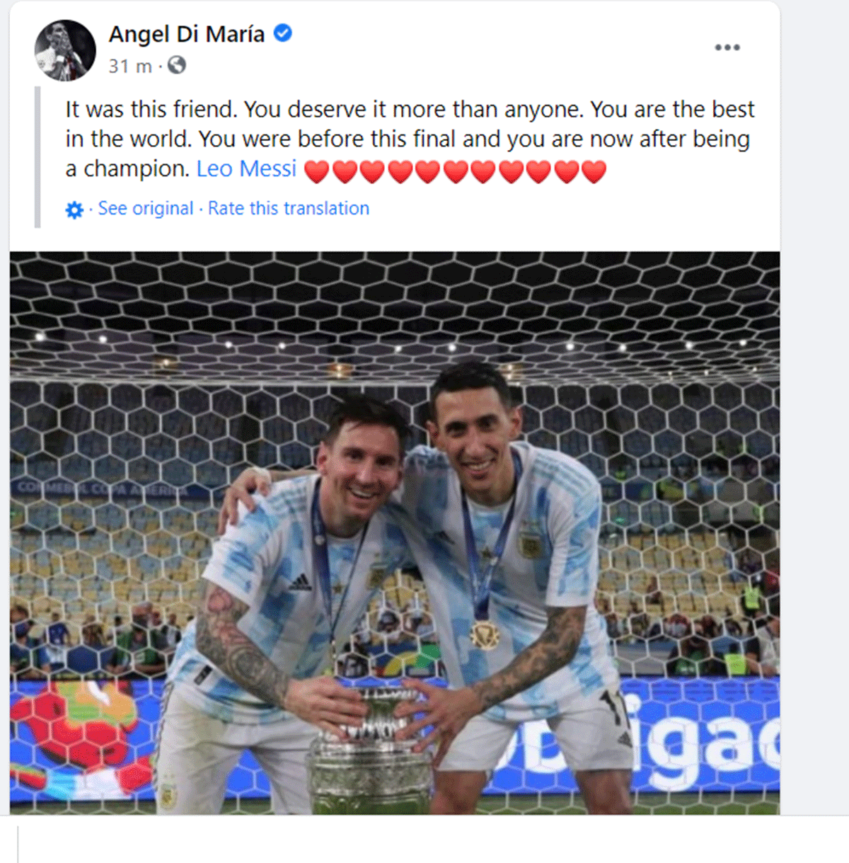 Angel Di Maria's social media post 