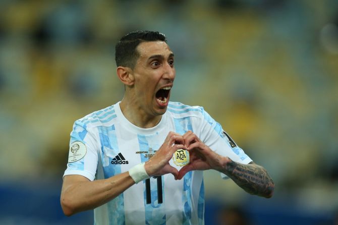 Angel Di Maria celebrates after putting Argentina ahead during the final of Copa America final against Brazil, at Maracana Stadium in Rio de Janeiro, Brazil, on Saturday.