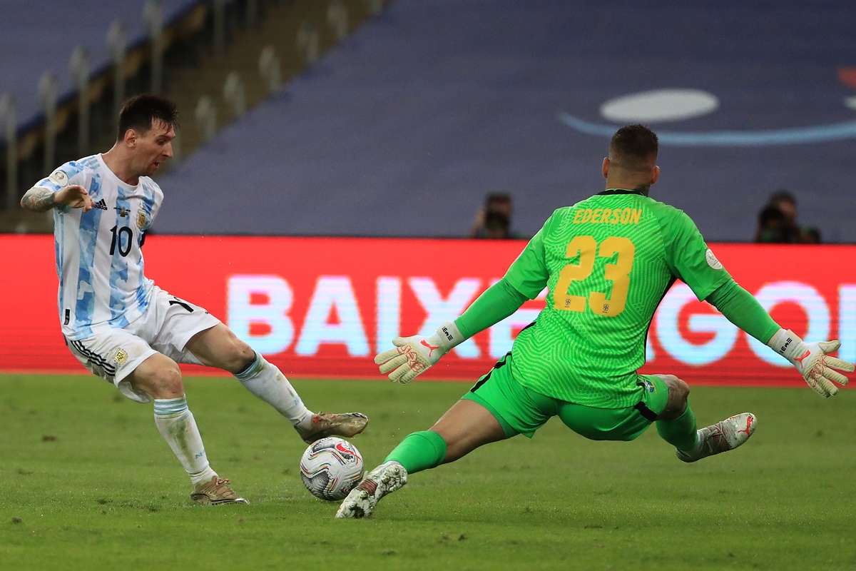 Argentina's Lionel Messi is thwarted by Brazil goalkeeper Ederson at the fag end of the final.