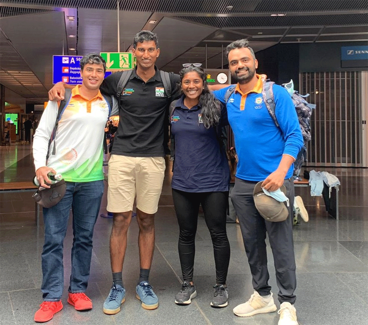 The Indian sailing team of Varun Thakkar, KC Ganapathy, Vishnu Saravanan and Nethra Kumanan before flying off for the Tokyo Olympic Games on Monday