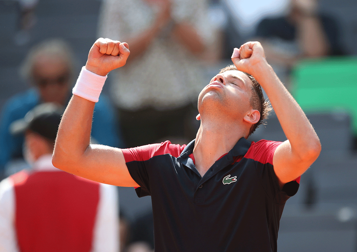 Serbia's Filip Krajinovic celebrates winning his Hamburg Open quarter-final against Greece's Stefanos Tsitsipas at Am Rothenbaum, Hamburg, on Friday