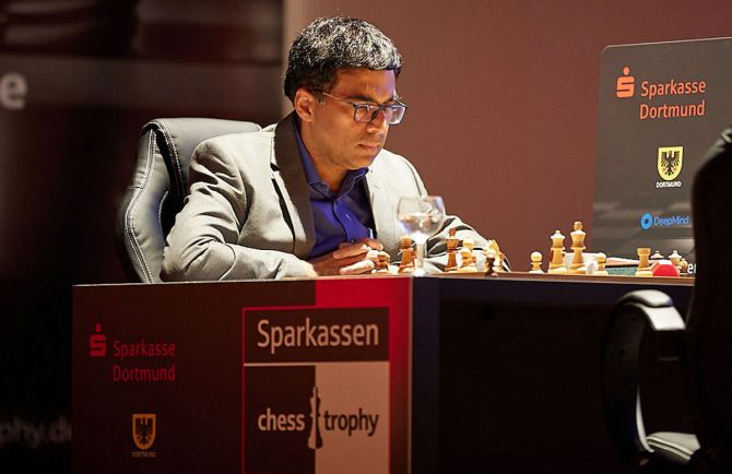 India's Viswanathan Anand ponders a move during the Sparkassen Trophy chess tournament in Dortmund 