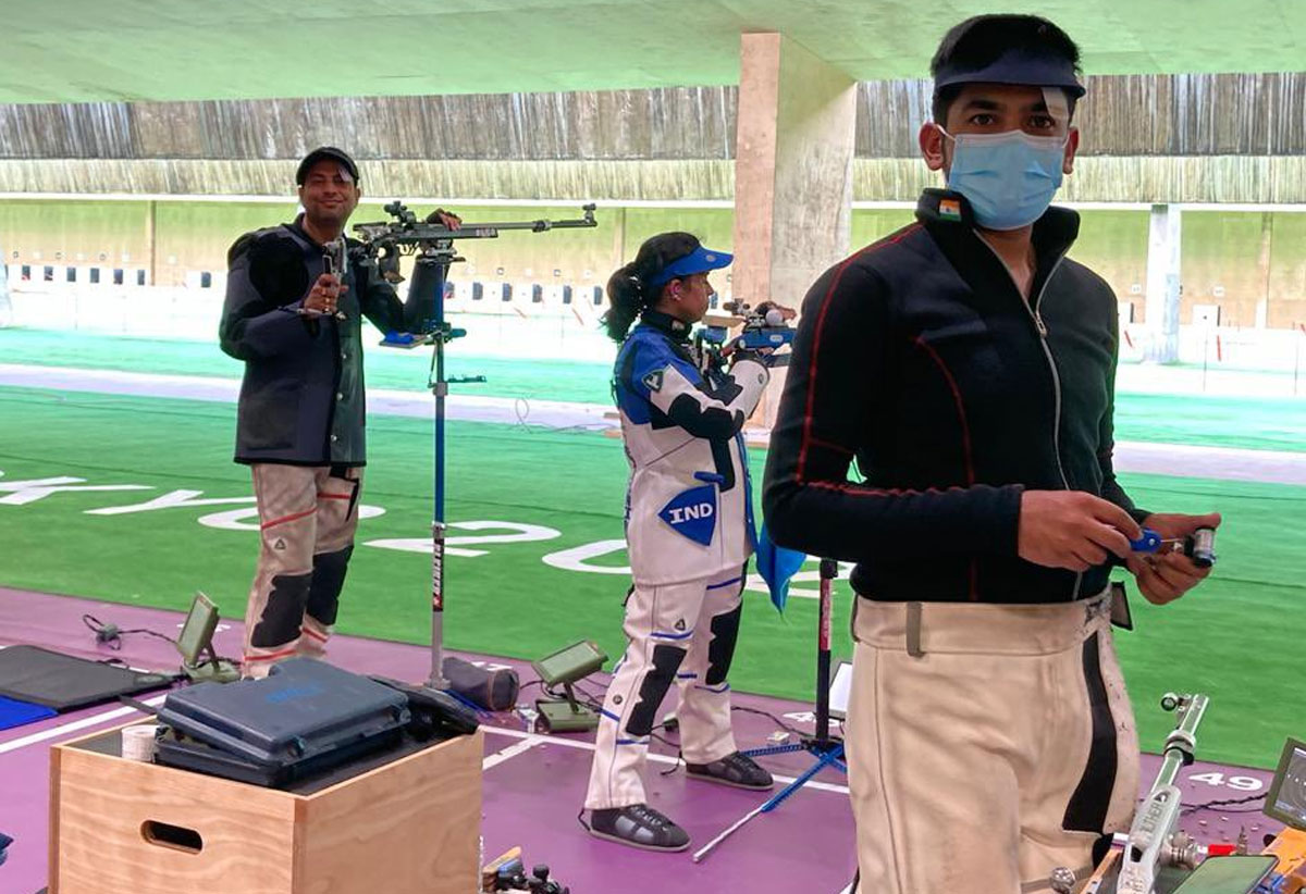 The Indian shooters practicing at the 50m range at the Asaka Shooting Range in Tokyo on Monday