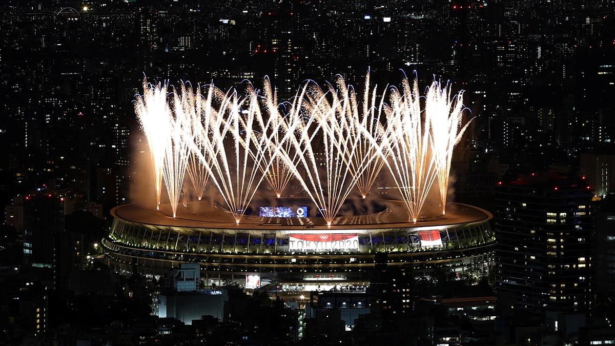 Fireworks during Friday's Olympics opening ceremony are seen above the Olympic stadium in Tokyo from the Shibuya Sky observation deck