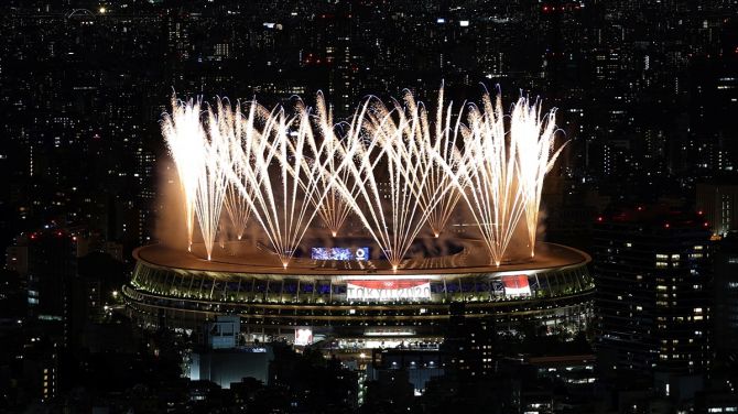 Fireworks during Friday's Olympics opening ceremony are seen above the Olympic stadium in Tokyo from the Shibuya Sky observation deck