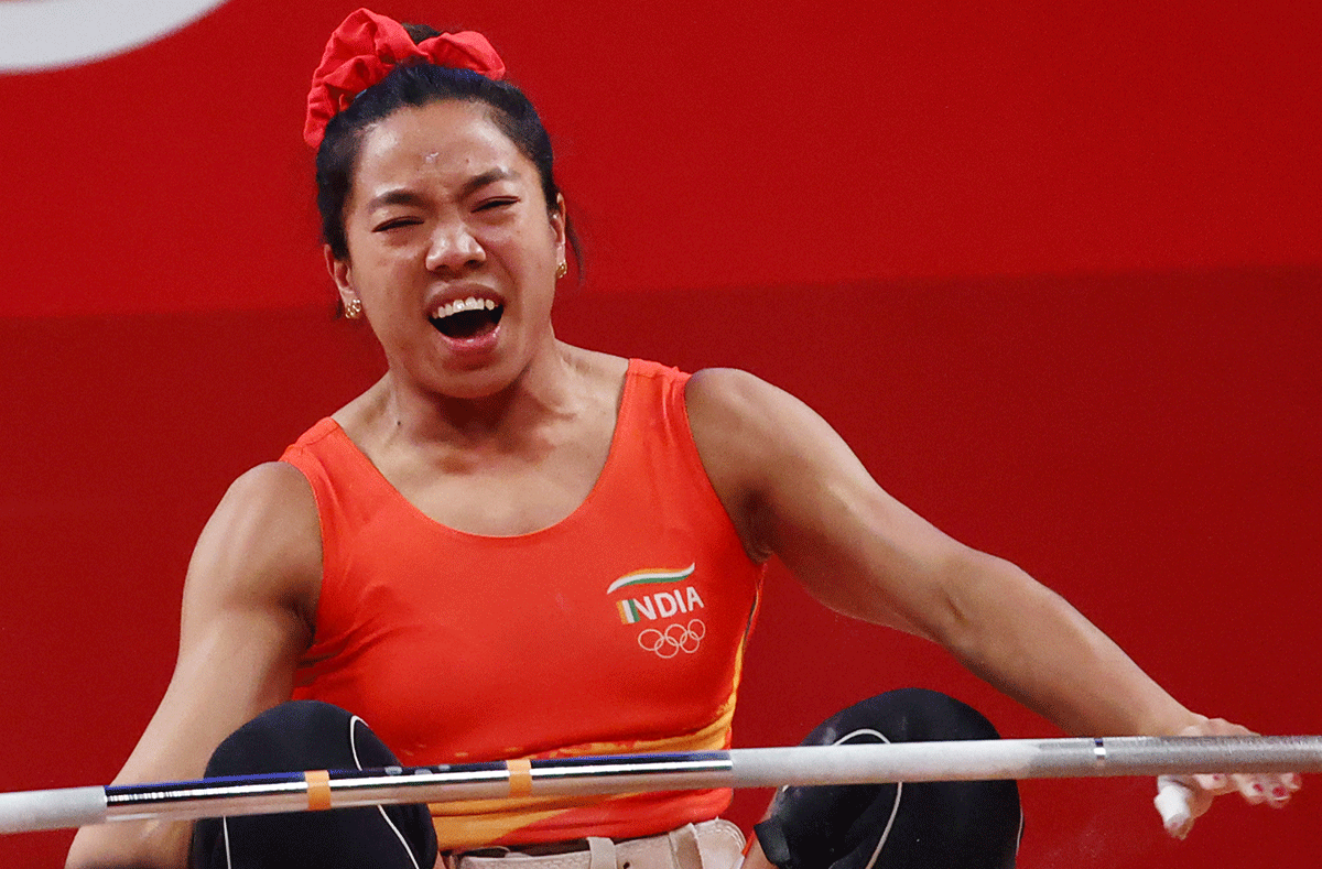 Mirabai Chanu Saikhom of India reacts after a lift on Saturday