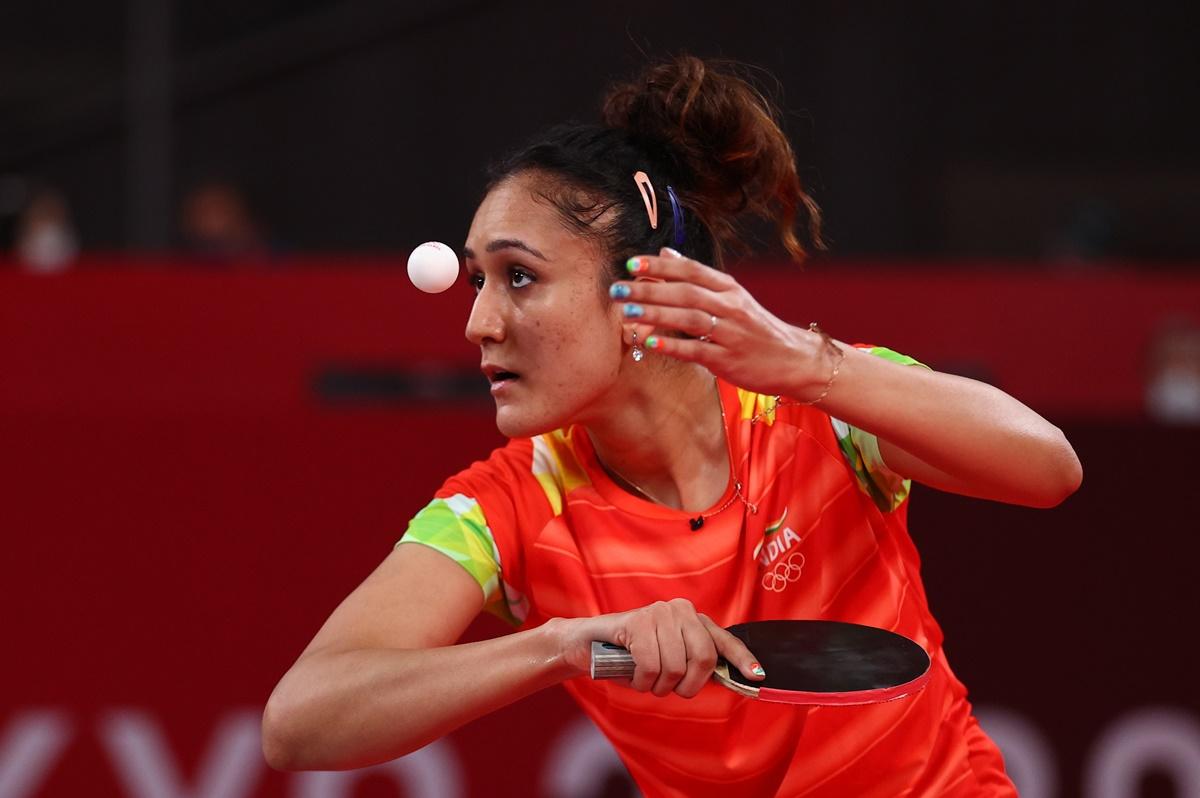 India's Manika Batra in action during her women's singles second round match against Ukraine's Margaryta Pesotska. 