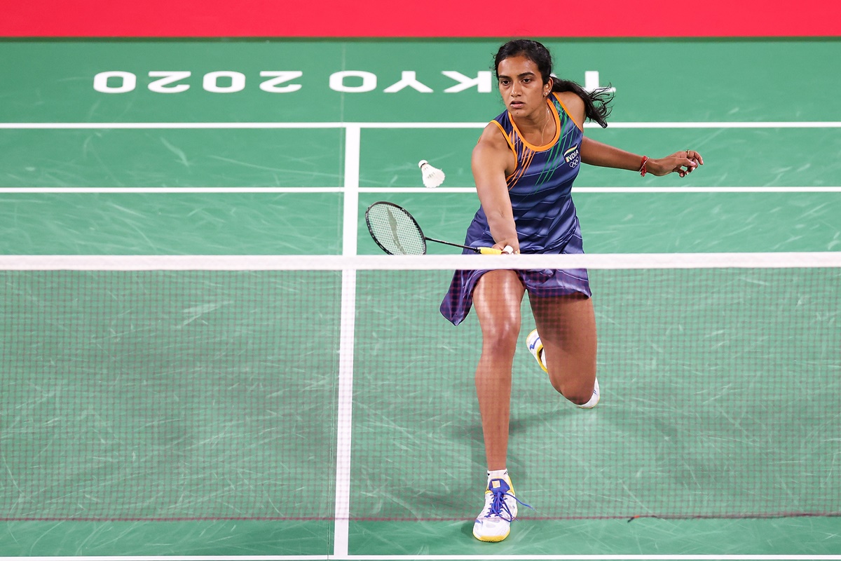 India's Pusarla V. Sindhu competes during her women's singles first round match against Israel's Ksenia Polikarpova at the Tokyo Olympics