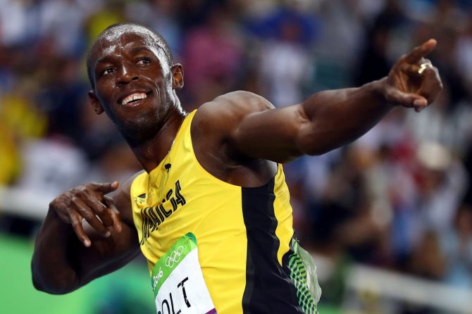 Jamaica's Usain Bolt celebrates after winning gold in the men's 200 metres final at the Rio Olympics.