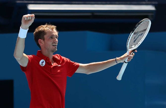 Team ROC's Daniil Medvedev celebrates after winning his Men's singles third round match against Team Italy's Fabio Fognini on day five of the Tokyo 2020 Olympic Games at Ariake Tennis Park in Tokyo, Japan, on Wednesday