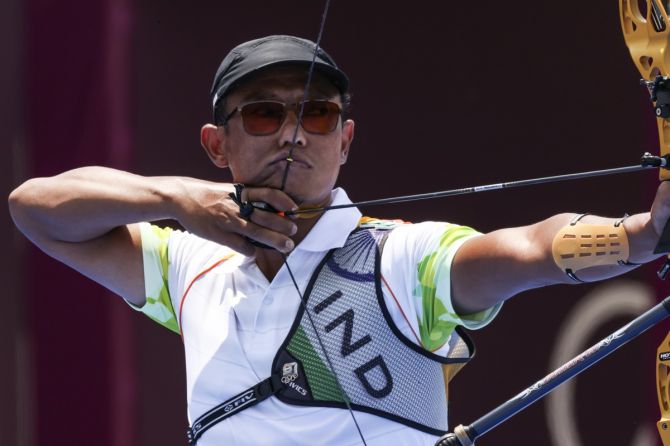 India's Tarundeep Rai in action during the Olympics men's archery Individual 1/16 Eliminations