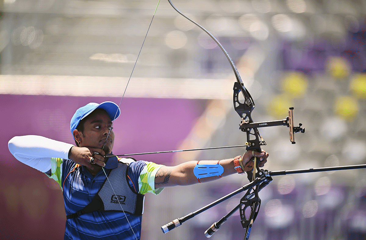 India's Atanu Das in action during the Men's Individual 1/16 archery event at the Yumenoshima Archery Field in Tokyo on Thursday 