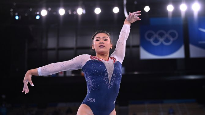 Sunisa Lee of the United States in action during the Olympics Artistic women's individual all-round floor exercise final, at Ariake Gymnastics Centre, in Tokyo, on Thursday.