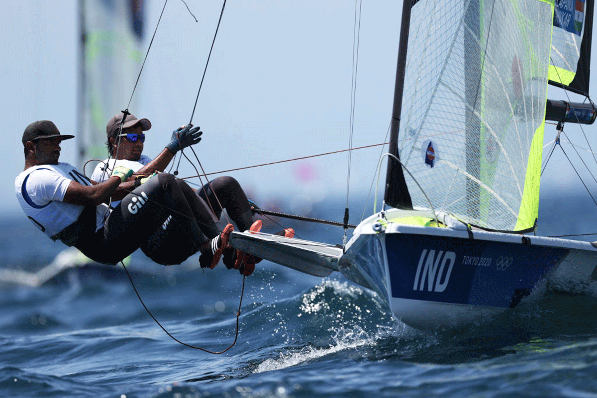 Indian sailors KC Ganapathy and Varun Thakkar compete in the Men's Skiff 49er class on day six of the Tokyo 2020 Olympic Games at Enoshima Yacht Harbour in Fujisawa, Kanagawa, Japan, on Thursday