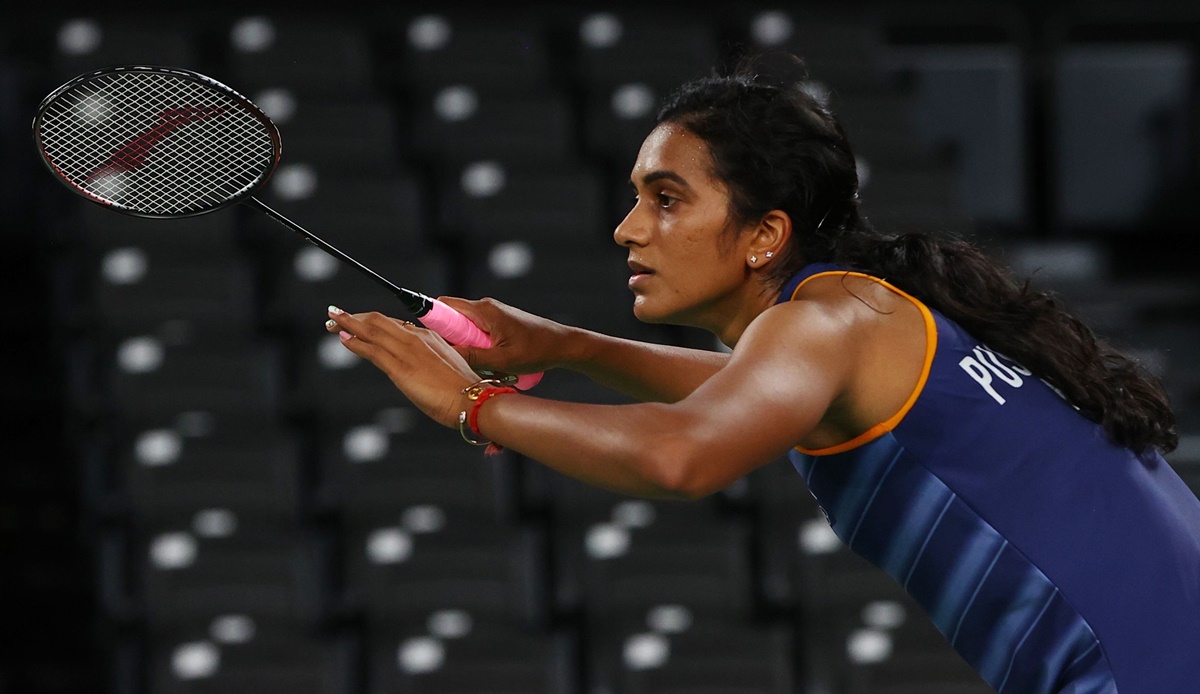 India's Pusarla V. Sindhu in action during the Olympics women's singles match against Denmark's Mia Blichfeldt