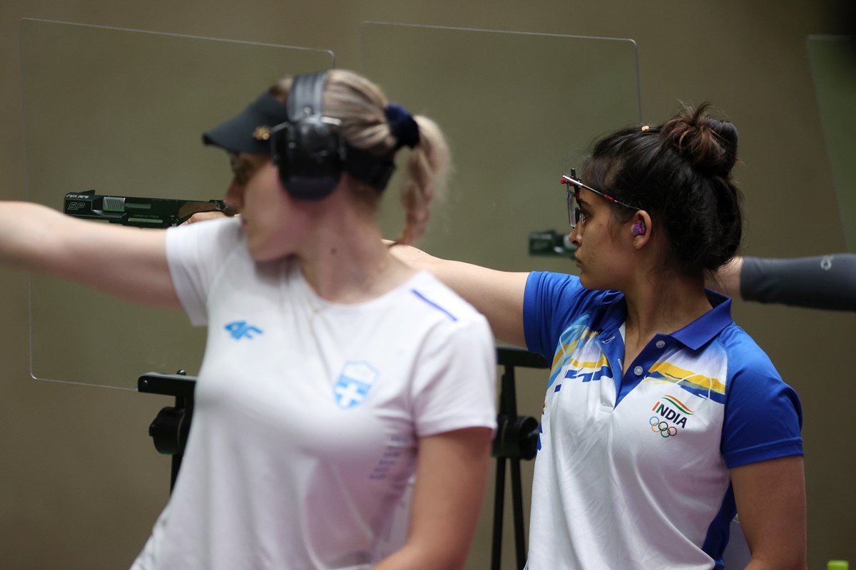 India's Manu Bhaker competes in Olympics 25m Pistol women's qualification, at Asaka Shooting Range, in Saitama, on Friday