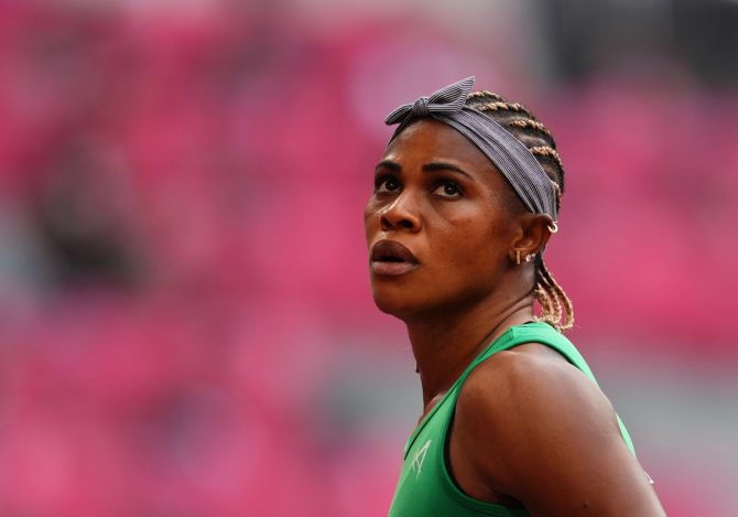 Nigeria's Blessing Okagbare reacts after competing in Heat 6 of the Olympics women's 100 metres Round 1, at Olympic stadium, Tokyo, on Friday.