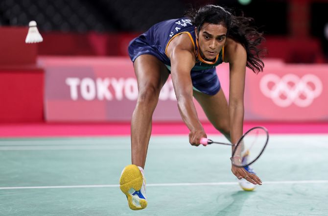 Pusarla V. Sindhu competes against Tai Tzu-ying Chinese Taipei during the women's singles badminton semi-final, at Musashino Forest Sport Plaza in Chofu, Tokyo, on Saturday. 