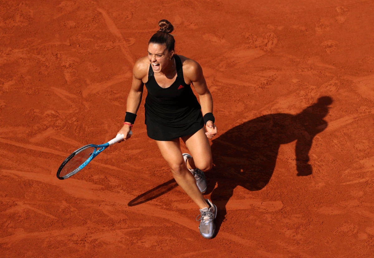 An ecstatic Maria Sakkari celebrates on winning match point against American Sofia Kenin