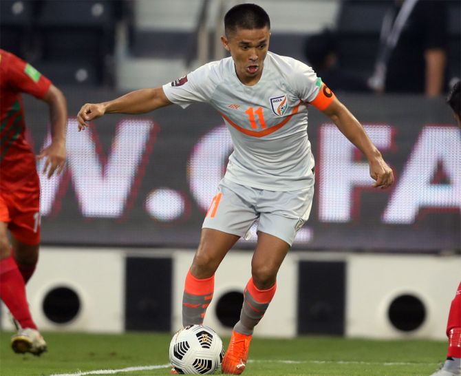 Sunil Chhetri is now joint third with UAE's Ali Mabkhout (77) on the list of highest scorers among active footballers, behind Cristiano Ronaldo (112) and Lionel Messi (79).
