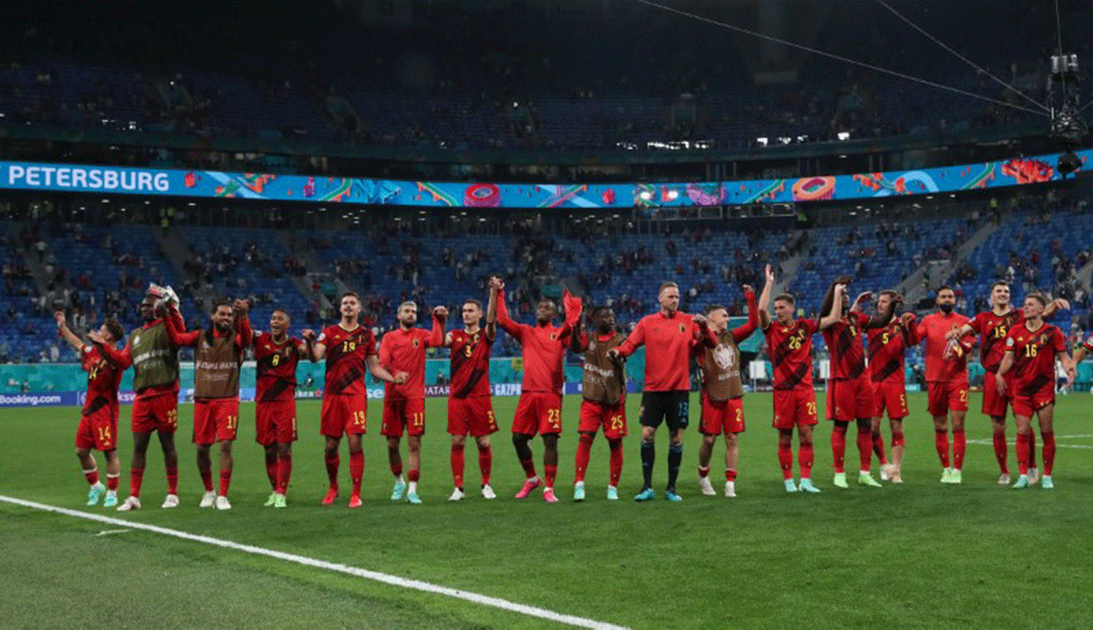 Belgium players celebrate after their Group B match against Russia at Gazprom Arena, Saint Petersburg, Russia, on Saturday