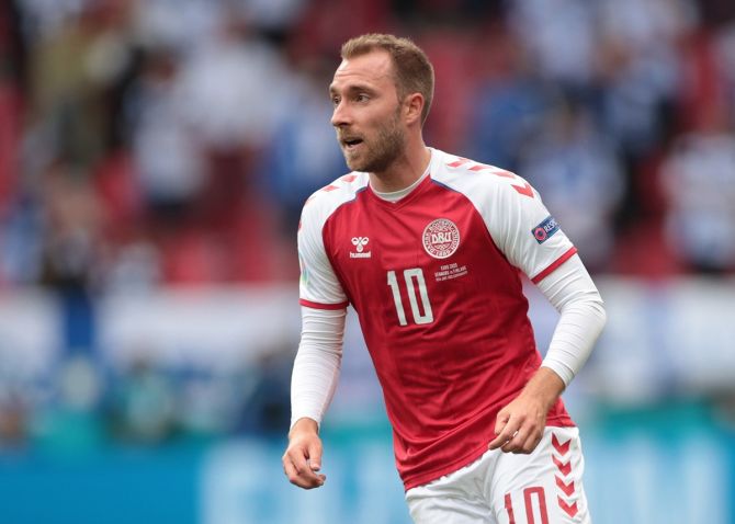 Denmark's Christian Eriksen anticipates a pass during the Euro 2020 match against Finland on Saturday before collapsing.