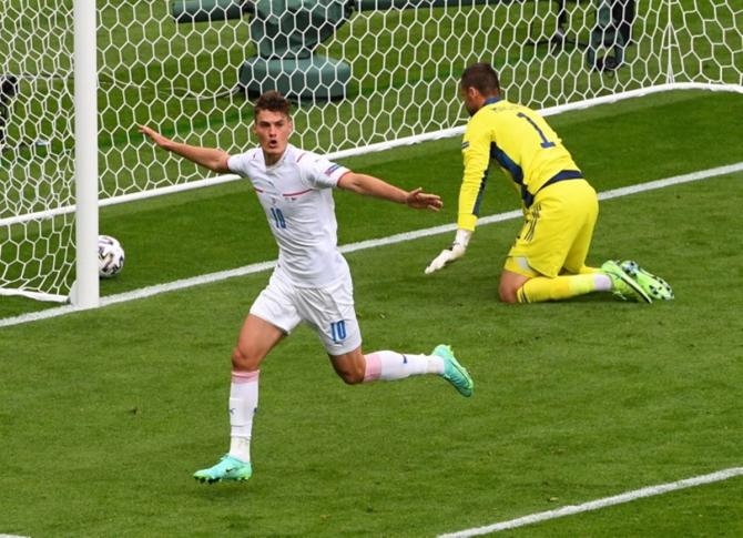 Czech Republic's Patrik Schick celebrates scoring.