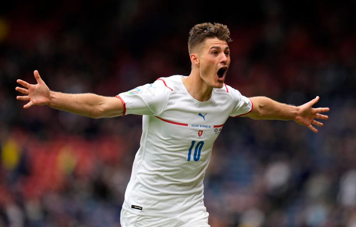 Patrik Schick celebrates after scoring the Czech Republic's second goal during the Euro 2020 Group D match against Scotland