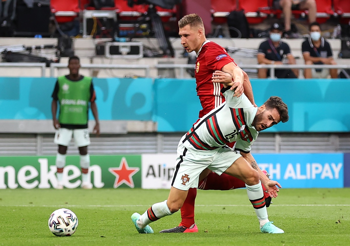 Portugal's Rafa Silva is fouled by Hungary's Adam Nagy, leading to a penalty, which was converted by Cristiano Ronaldo