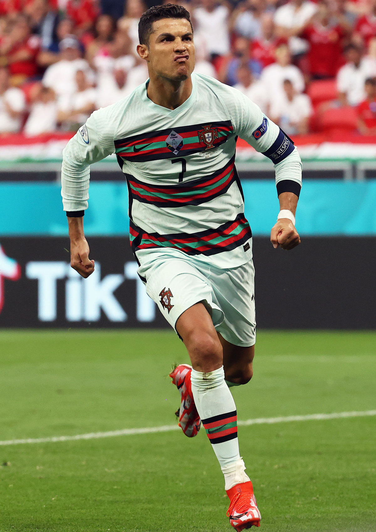 Cristiano Ronaldo celebrates after scoring Portugal's second goal from the penalty spot during the Euro 2020 Group F match against Hungary, at Puskas Arena in Budapest, on Tuesday