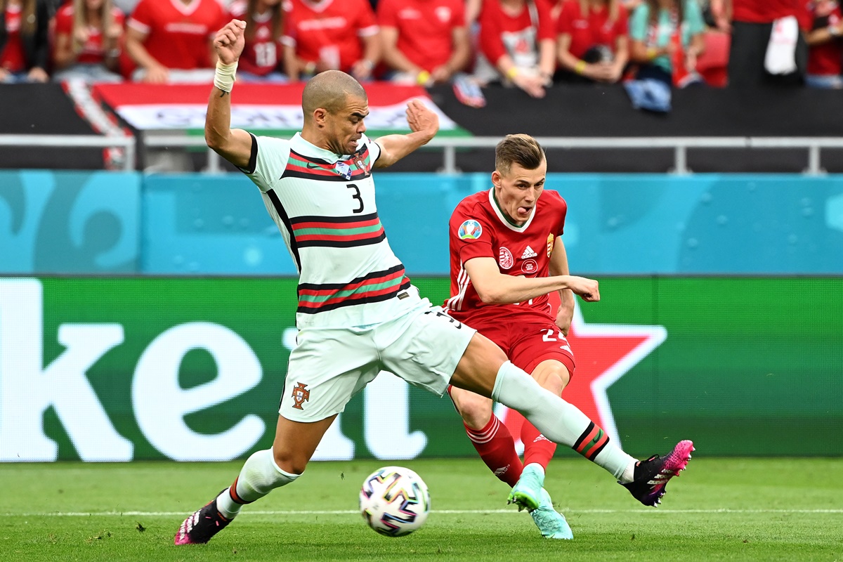 Hungary's Szabolcs Schoen scores, but his effort was disallowed for off-side.