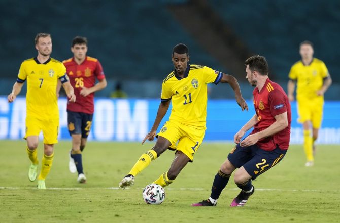 Sweden's Alexander Isak makes a good run down  the middle during the Euro 2020 Group E match against Spain, at the La Cartuja stadium in Seville