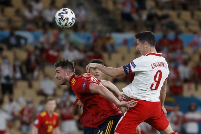 Robert Lewandowski draws Poland level with a towering header during the Euro 2020 Group E match against Spain