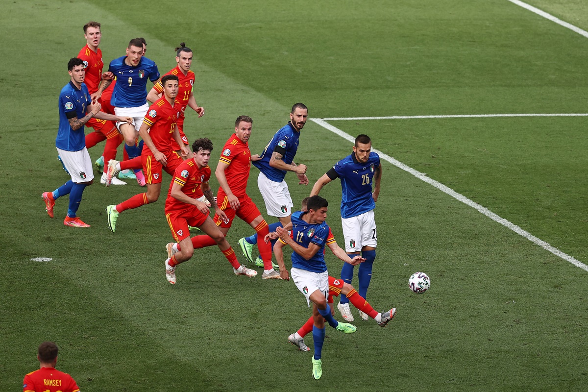 Matteo Pessina connects a cross into goal to put Italy ahead during the Euro 2020 Group A match against Wales, at Olimpico stadium in Rome