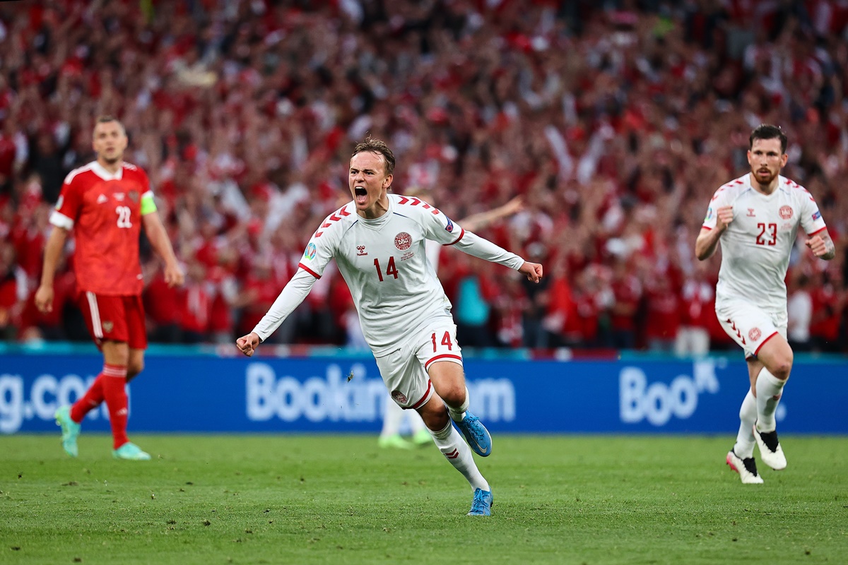 Mikkel Damsgaard celebrates putting Denmark into the lead during the Euro 2020 Group B match against Russia at Parken stadium, in Copenhagen, on Monday