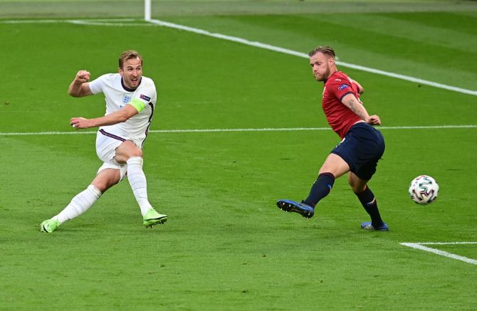 England's Harry Kane has a goal-bound shot saved by the Czech Republic's Tomas Vaclik (not pictured).