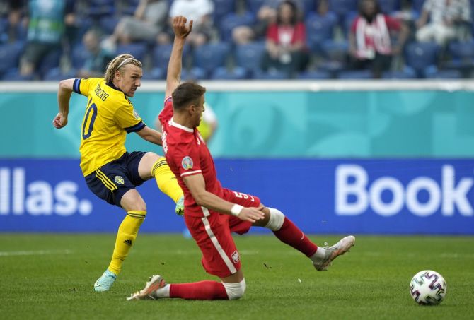 Emil Forsberg scores Sweden's first goal during the Euro 2020 Group E match against Poland, at Saint Petersburg stadium, Russia, on Wednesday.