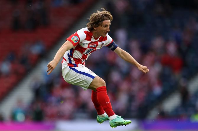 Croatia's Luka Modric shoots at goal during the Euro 2020 Group D match against Scotland, at Hampden Park in Glasgow.