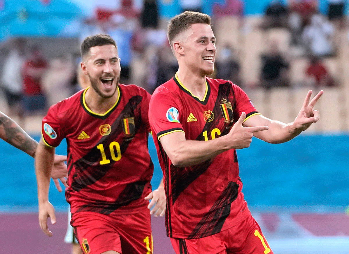  Belgium's Thorgan Hazard celebrates scoring their first goal with Eden Hazard 