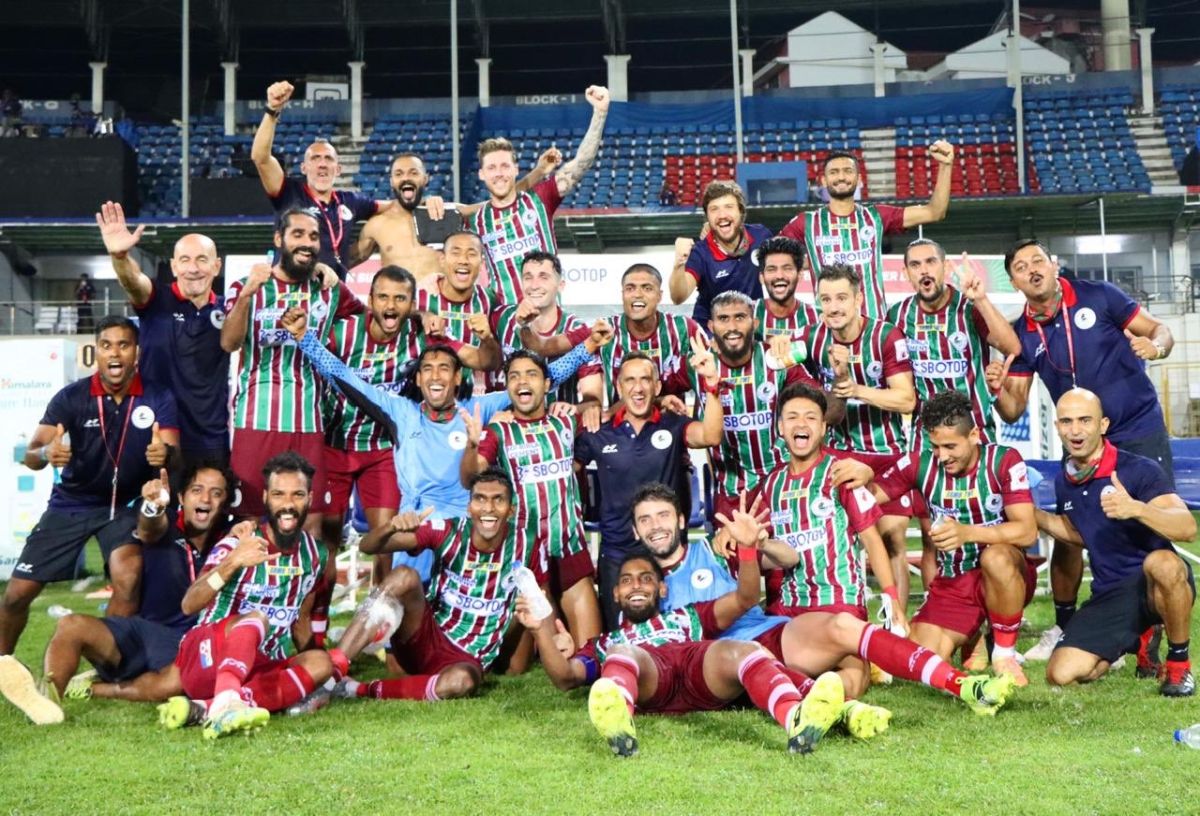 ATK Mohun Bagan players celebrate on reaching the ISL final after defeating NEUFC on Tuesday