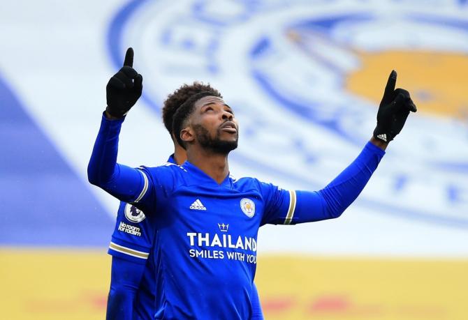 Kelechi Iheanacho celebrates scoring Leicester City's third goal in Sunday's Premier League match against Sheffield United.