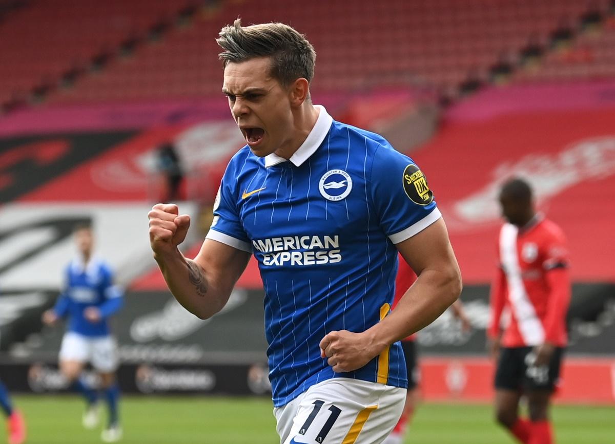 Leandro Trossard celebrates scoring Brighton & Hove Albion's second goal against Southampton. 