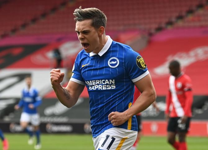 Leandro Trossard celebrates scoring Brighton & Hove Albion's second goal against Southampton. 