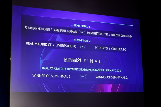 A general view of the quarter-final and semi-final draw of the UEFA Champions League in Nyon, Switzerland, on Friday
