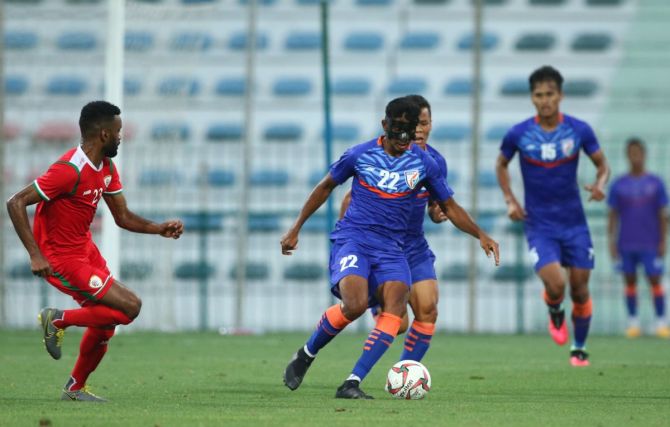 India and Oman players in action during their international friendly in Dubai on Thursday