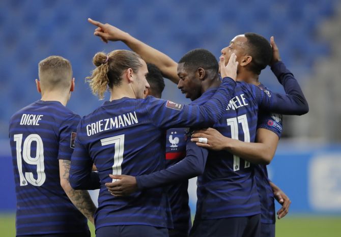 Ousmane Dembele celebrates with teammates after scoring France's first goal  in the World Cup qualifiers Europe - Group D against Kazakhstan